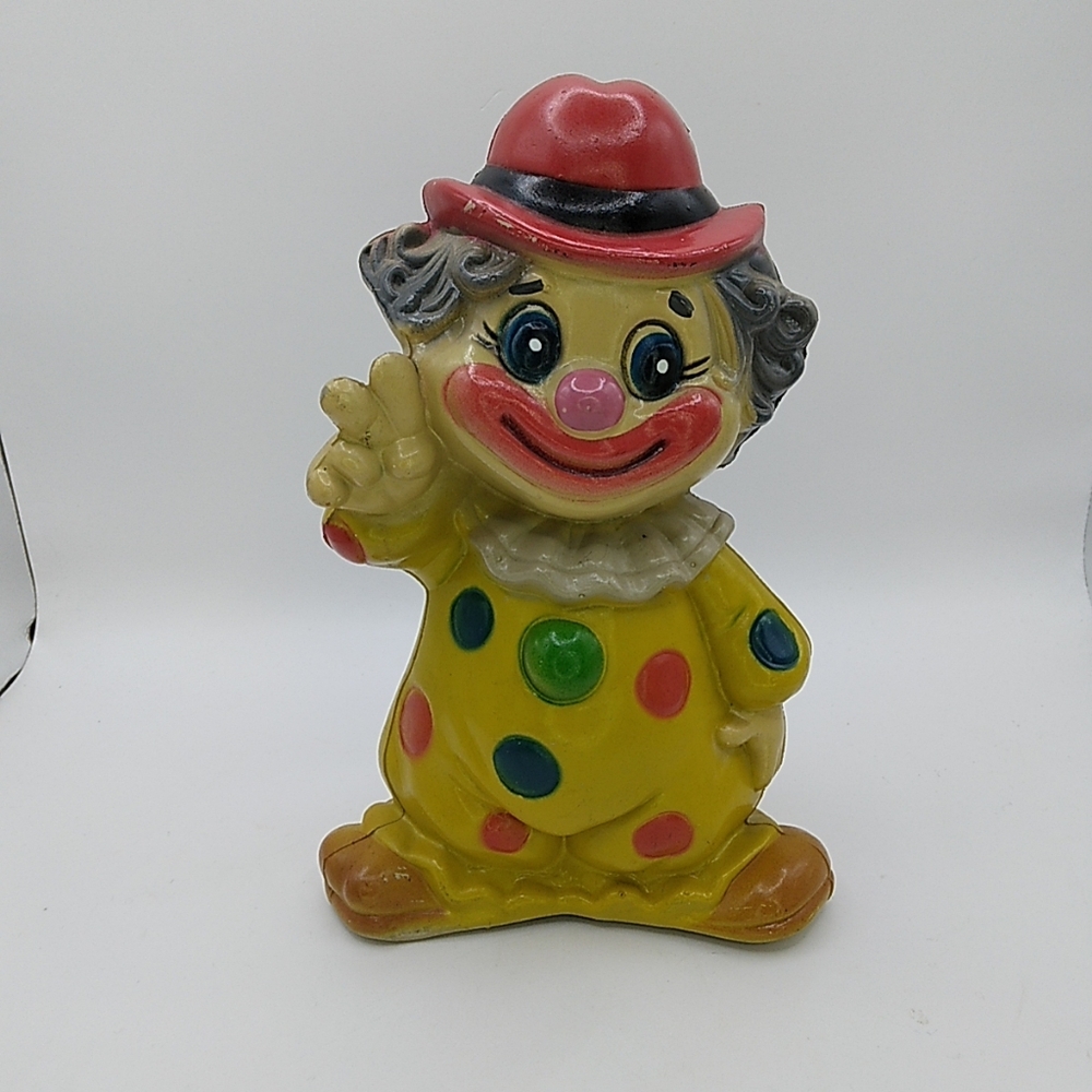 Vintage 70's polka dot clown piggy bank 8"